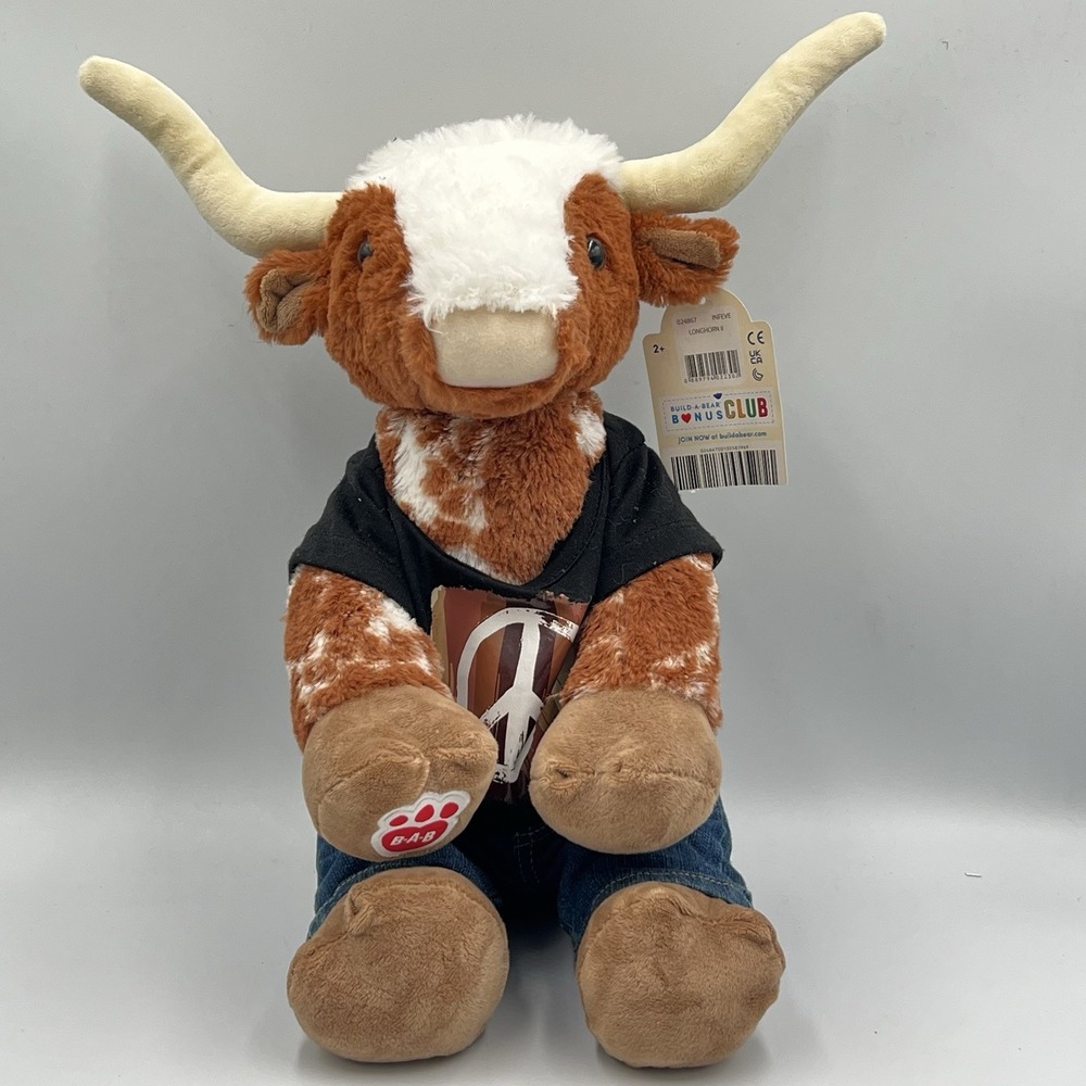 Build-A-Bear Longhorn Bull Plush w/ Peace Shirt & Jeans Outfit NWT Tags